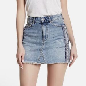 Free People Denim Mini Skirt Size 0 Embroidered Sequin BohoHippie Festival New